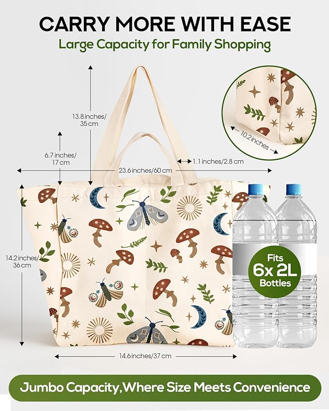 Miss Adola Large Canvas Grocery Tote Bag - Reusable Extra Large Shopping Shoulder Bags with 6 Inner Pockets & 2 Handle Strap