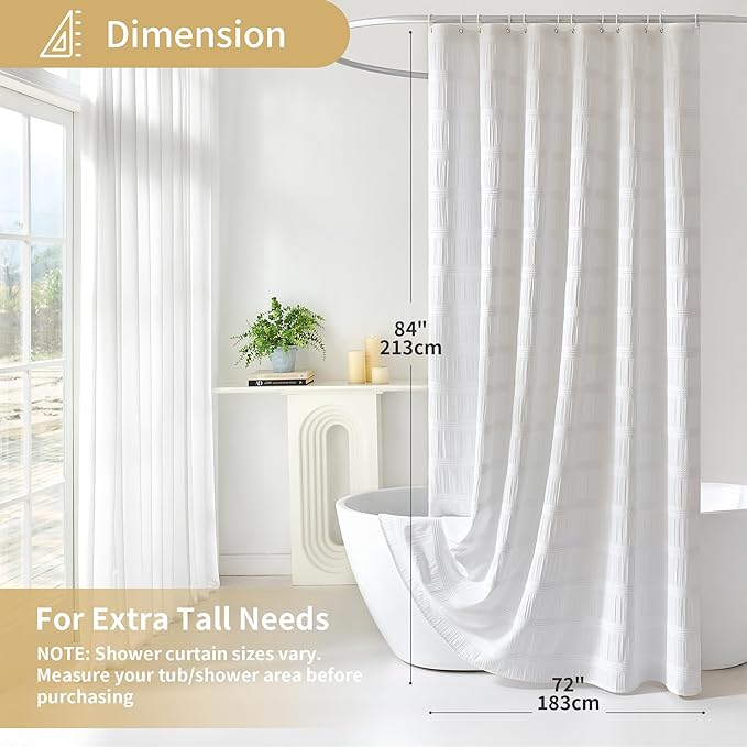 Lameirose Extra Long White Shower Curtain Farmhouse,72 x 84 Cotton Blend Waffle Tufted Striped Chic Textured Fabric Shower Curtain for Bathroom, Hotel, Washable