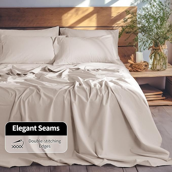 LBRO2M 100% Linen Sheet Set Full Size, Bed Sheets 6 Piece Sets,Solid Color Natural Flax Bed Sheets Soft Breathable Bedding,16" Deep Pocket,All Season (Full, Linen)