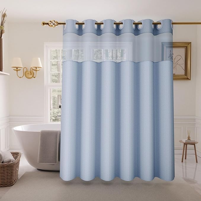 Inhousolu Long No Hook Shower Curtain with Snap in Fabric Liner Set Waffle Weave 230GSM Weighted Hem, Waterproof & Washable Bathroom Curtain Spa Luxury with Mesh Top Window 72" W x 78" L Fog Blue