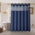 Inhousolu Stall No Hook Shower Curtain with Snap in Fabric Liner Set Waffle Weave 230GSM Weighted Hem, Waterproof & Washable Bathroom Curtain Spa Luxury with Mesh Top Window 36" W x 72" L Navy Blue
