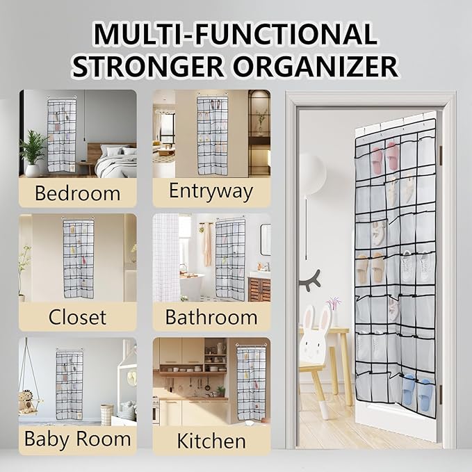 Auvotuis Over the Door Shoe Organizer, 35 Mesh Pockets Hanging Shoe Organizer with 4 Metal Hooks (White)