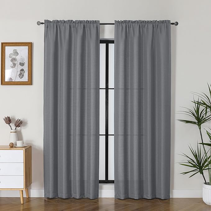 Lecloud Bessie Dark Grey Curtains 84 Inches Long 2 Panels, Airy Privacy Light Filtering Window Drapes, Faux Linen Textured Curtains for Living Room Dining Room Bedroom, Each 40 W x 84 L