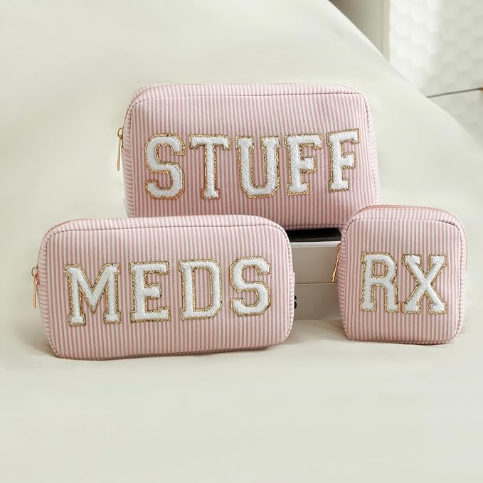 uekeboag Seersucker Chenille Letter Stuff Meds RX Makeup Bag, Travel Washable Purse Organizer with Zipper, Lightweight Toiletry Cute Personalized Preppy Cosmetic Bag For Women and Girls(3pcs Pink)