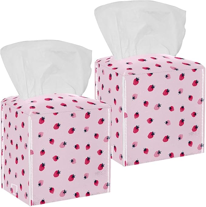2 Pack Pink Strawberry (2) Tissue Box Cover, Decorative Tissue Box Dispenser for Bathroom, Parlors, Office, Bedroom Dresser, Vanity Countertop, Nightstand, Car, and Desk