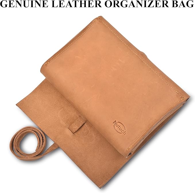 NUTUCH Leather Tech Pouch for Cables Chargers Phone | Tech Bag | Zipper Travel Accessory Pouch | Electronic Organizer Case Travel Bag (Tan)