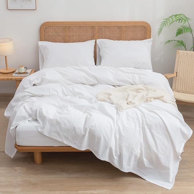 BESTOUCH Sheet Set 100% Washed Cotton Linen Feel Super Soft Comfortable Chic Lightweight 3 Pcs Home Bedding Set Solid Bright White Twin