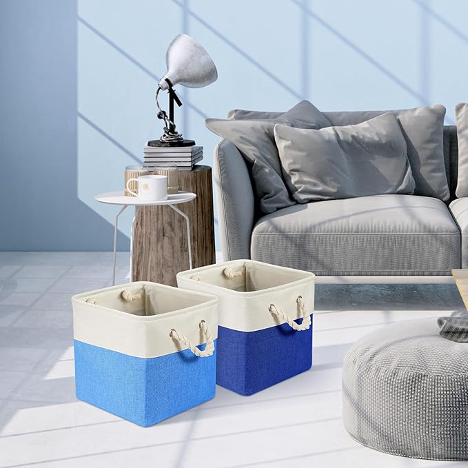 Geiserailie 6 Pcs 11 x 11 Inch Cube Storage Bins Fabric Storage Organizer Bins Foldable Cube Baskets with Sturdy Carry Handles Wicker Baskets for Home(11 x 11 Inch,Blue)