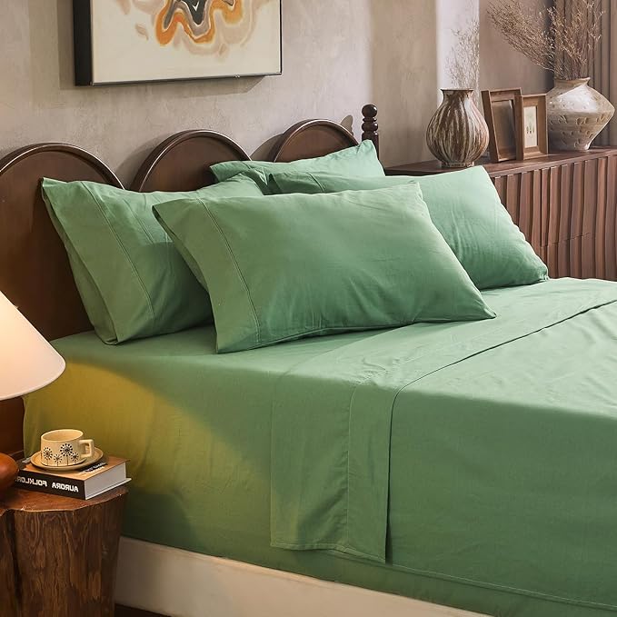 100% Linen Sheet Set King Size Extra Deep Pocket Fits 18-24 Inch Mattress, Breathable & Soft, Smooth 6-Piece Set for Thick Mattresses Hotel Luxury Bedding（King, Sage Green）