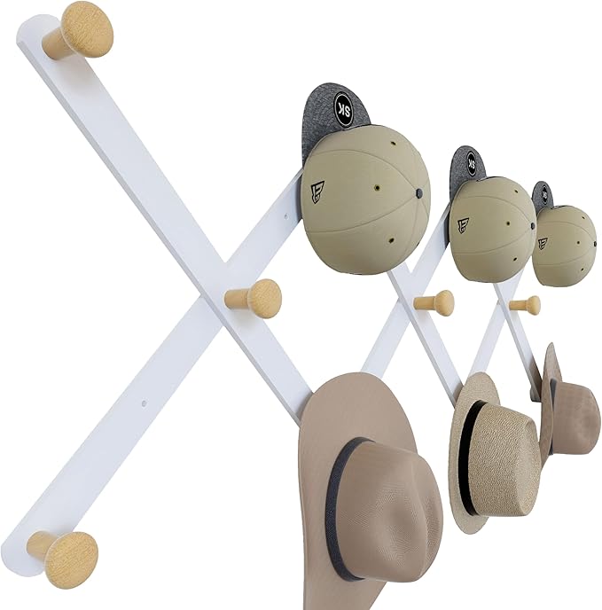 SKOLOO Large Hat Rack for Wall, Wooden Accordion Wall Hanger, Modern, Expandable Coat Hooks, Hat Display Rack for Home, Office, and Studio, 11 Peg, Natural & White
