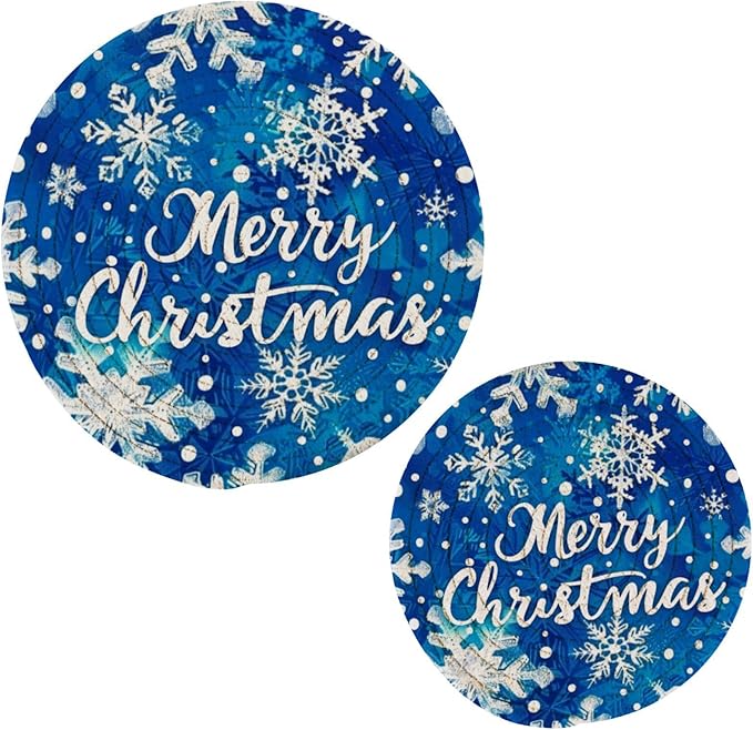 Boccsty Blue Snowflakes Pattern Trivet Mat 2PCS Christmas Round Woven Potholders Kitchen Table Countertop Protector Hot Pads Farmhouse Coasters Counter Mats for Cooking Baking
