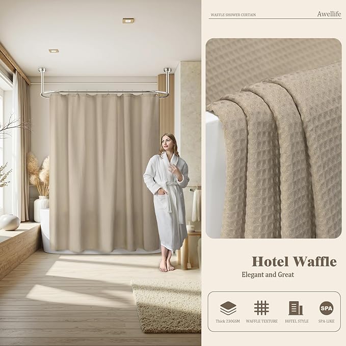 Awellife Waffle Hotel Textured Beige Shower Curtains for Bathroom 230 GSM Heavy Duty Fabric Liner, 72" W X 96" L Inch