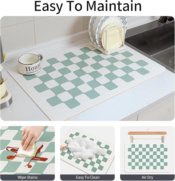 Large Dish Drying Mats for Kitchen Counter 24''x16'' Black Sage Beige Checkered Non-slip Coffee Espresso Accessories,Sage Checkered