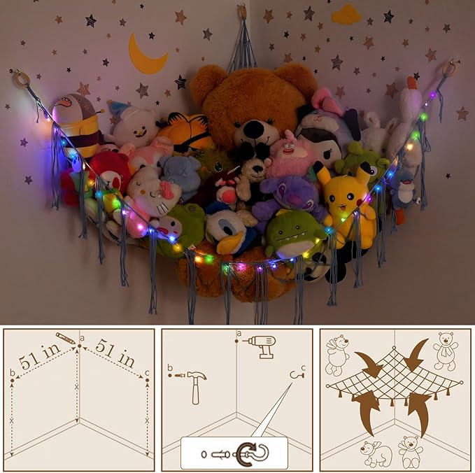 Large Size Stuffed Animal Hammock Corner with LED Light, Cotton Rope Corner Net for Stuffed Animals Storage,Toy Hammock for Stuffed Animals Organizer, Baby Nursery Bedroom Decor(XL-Blue)