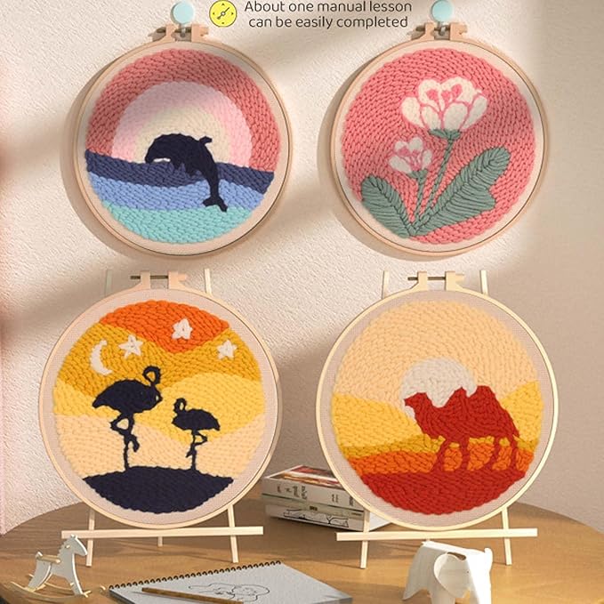 Allazone 3 Set Punch Needle Kits, 20cm Embroidery Starter Kits with Flamingos, Elk, Whales Pattern, Punch Needle Tool Threader Fabric Embroidery Hoop, Yarn for Crafts, Home Decor