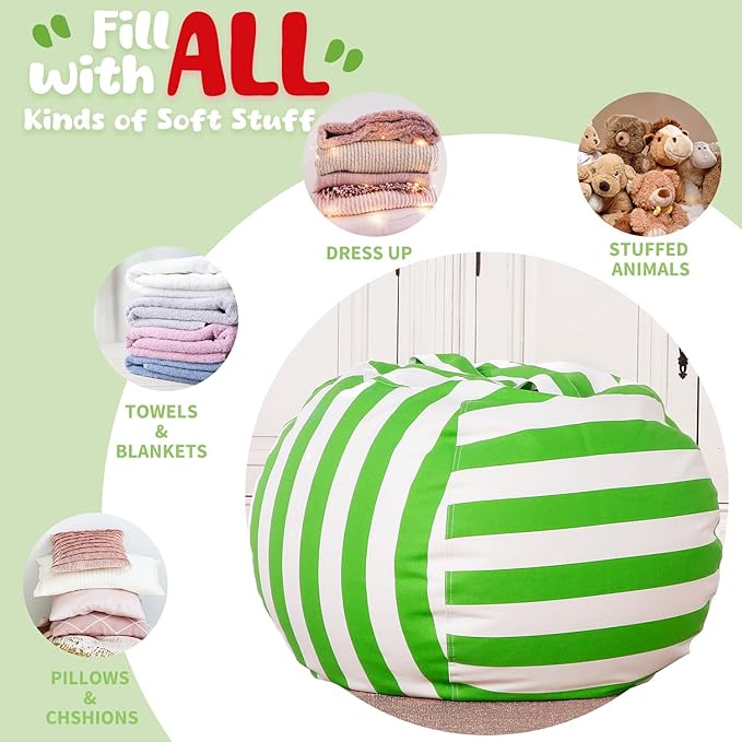 WEKAPO Stuffed Animal Storage Bean Bag Chair Cover for Kids | Stuffable Zipper Beanbag for Organizing Children Plush Toys Large Premium Cotton Canvas (Green, XX-Large)