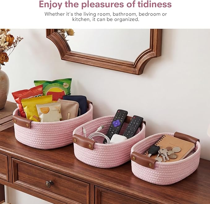 ECDYQXVU 5 Piece Storage Baskets Small Woven Basket with Detachable Leather Handle, Cotton Rope Shelf Baskets for Closet Organizers, Different Sizes Basket Decor, Light Pink