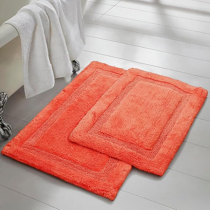 C23 Luxury 2200 GSM Heavyweight Bath Mat (Pack of 2) 100% Tufted Cotton 20"x32" & 16"x24" Orange Thick & Plush Bathroom Rugs Ultra-Absorbent, Quick Dry, Anti-Slip Natural Latex Back, Machine Washable