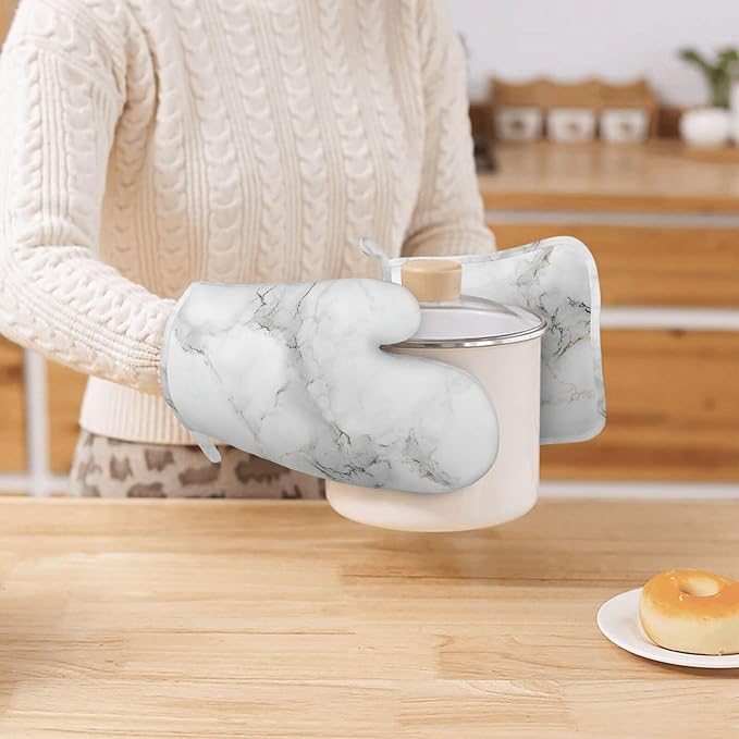 Oven Mitts Pot Holders Set White Marble Gray Silicone Kitchen Gloves Potholders Heat Resistant for Chef Baking Cooking Grilling BBQ 4 Pack Mitt