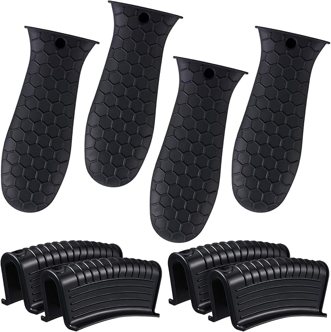 Patelai 8 Pcs Silicone Pot Holders Set Cast Iron Handle Cover Heat Resistant Pot Handle Covers Potholder Non Slip Reusable Pan Sleeve for Frying Pan Kitchen Supplies(Black)