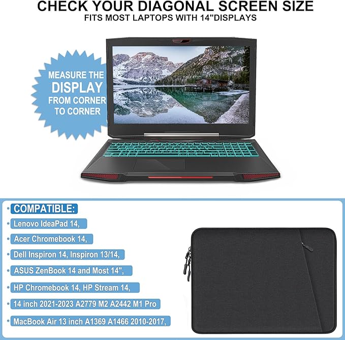 Laptop Sleeve Bag 14 inch, Shockproof Protective Computer Cover with Accessories Pocket, Portable Laptop Case Compatible for 14 inch MacBook Air/Pro, Dell, HP, Acer, Asus, Lenovo, Black