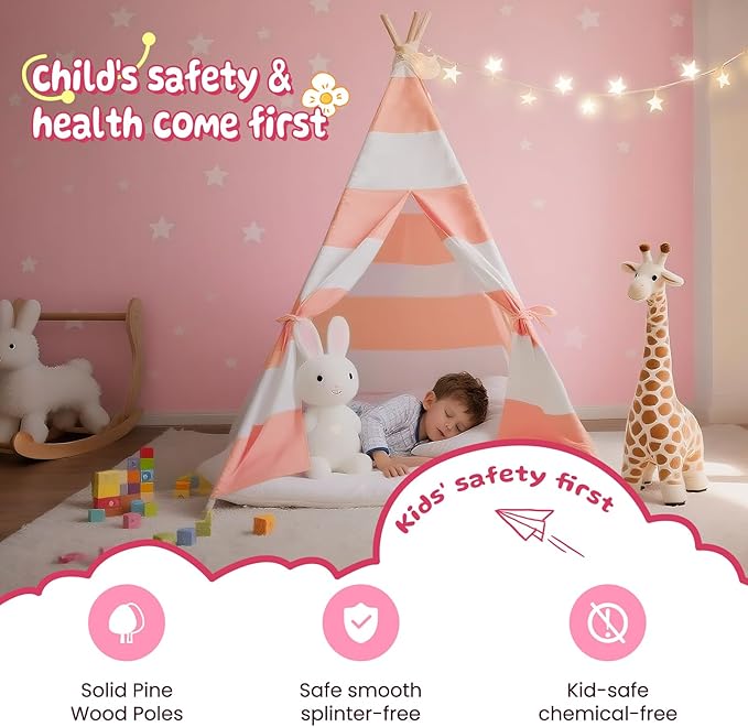 xiaowantong Teepee Tent for Kids with Padded Mat, Lights, and Carry Bag, Washable Playhouse for Indoor Use, Ideal Play Tent for Girls and Boys, Stripe Pink