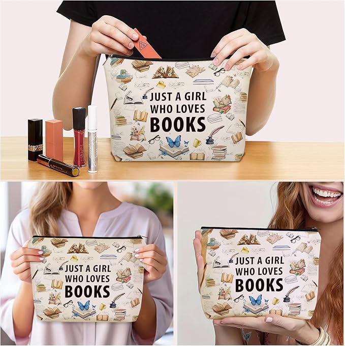 Girlly Book Lovers Gifts: Perfect Book themed Cosmetic Bag Just A Girl Who Loves Books For Daughters, Sisters, Friends,Teen Girls & Women.Ideal Bookish Gift For Travel, Birthdays, & Christmas.