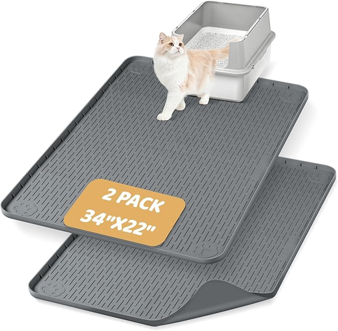 Bartuke Cat Litter Mat, 2 Pack Large 34" x 22" Silicone Mat Litter Trapping Mat for Scatter Control, Soft on Kitty Paws, Easy to Clean (Dark Grey)