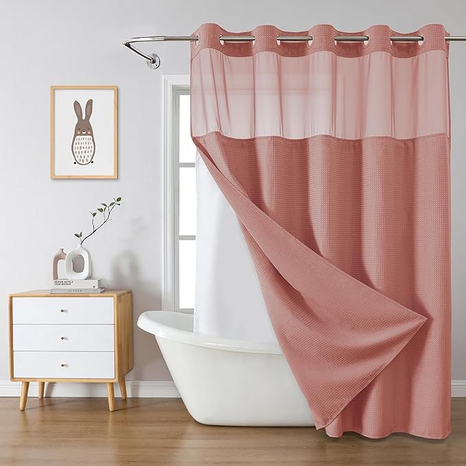 eachope Coral No Hook Waffle Weave Shower Curtain with snap-in Liner Replacement, 230GSM Waterproof Fabric Hotel Shower Curtain Set for Bathroom, Through Mesh Top Window,71Wx80H