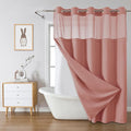 eachope Coral No Hook Waffle Weave Shower Curtain with snap-in Liner Replacement, 230GSM Waterproof Fabric Hotel Shower Curtain Set for Bathroom, Through Mesh Top Window,71Wx86H