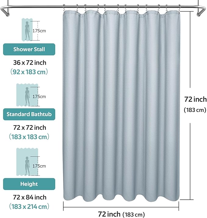 Vipfree 3 in 1 Shower Curtain Set, Waffle Shower Curtain and Liner Set with 12 Double Sided Shower Curtain Hooks, 258GSM Luxury Weighted Cloth Shower Curtains for Bathroom, 72 W x 72 H, Fog Blue
