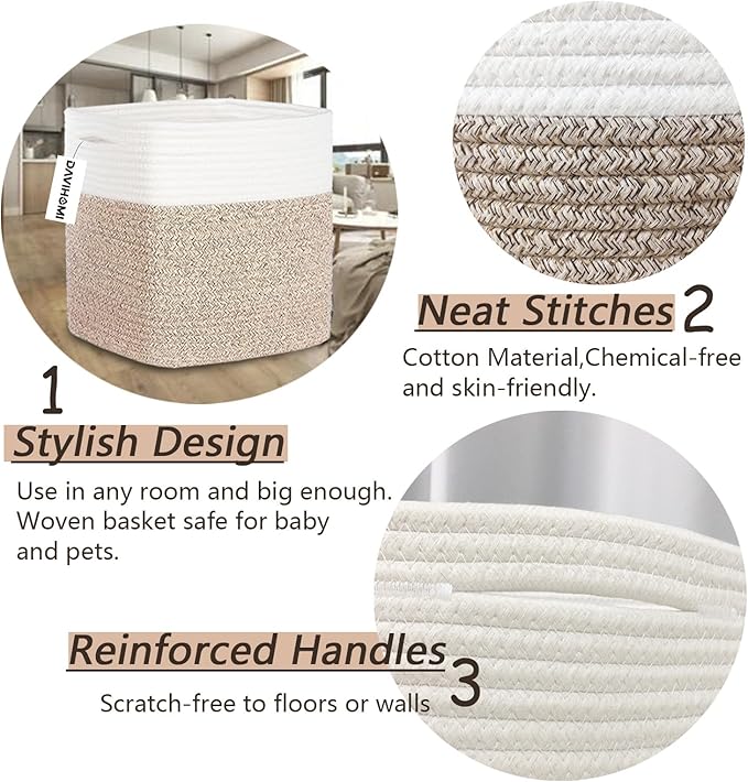 DAVIHOMI Storage Cubes 11 Inch Cotton Rope Woven Storage Basket for Organizing 3 Pack | Storage Bins for Organization and Storage | Toy Storage Organizer | Basket for Shelves | Toy Bins（Brown）