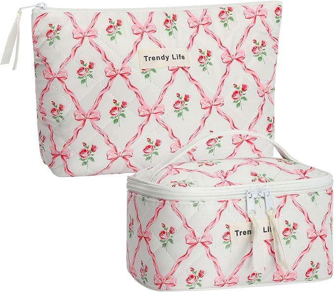 HAOGUAGUA 2 Pieces Makeup Bag, Small Large Quilted Cosmetic Bag, Travel Floral Make Up Toiletry Organizer Bag for Women Girls (2PCS STYLE B-1)