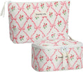 HAOGUAGUA 2 Pieces Makeup Bag, Small Large Quilted Cosmetic Bag, Travel Floral Make Up Toiletry Organizer Bag for Women Girls (2PCS STYLE B-1)