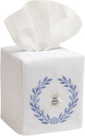 Jacaranda Living Square Tissue Box Cover, Linen/Cotton Fabric Tissue Holder, Decorative Cloth Tissue Cube Cover, Nature Designs Napoleon Bee Wreath (Blue)