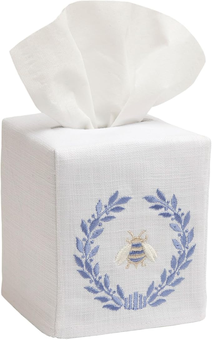 Jacaranda Living Square Tissue Box Cover, Linen/Cotton Fabric Tissue Holder, Decorative Cloth Tissue Cube Cover, Nature Designs Napoleon Bee Wreath (Blue)