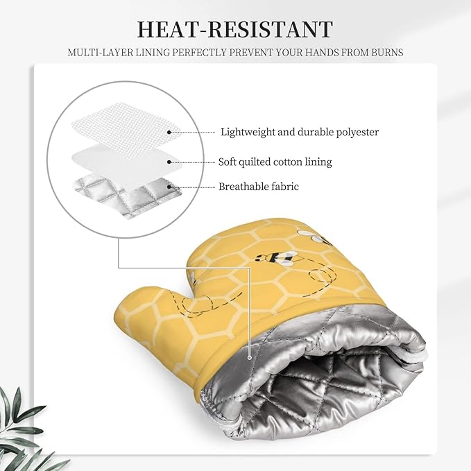 Oven Mitts and Potholders Yellow Bees Honey Silicone Glove Heat Resistant, Kitchen Gloves for Cooking, 2-Piece Set