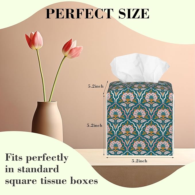 Vintage Colorful Boho Paisley Floral Tissue Box Cover Square Leather Tissue Holder Waterproof Facial Paper Organizer Dispenser Cube Paper Cover Case for Home Office Bathroom Vanity Countertop