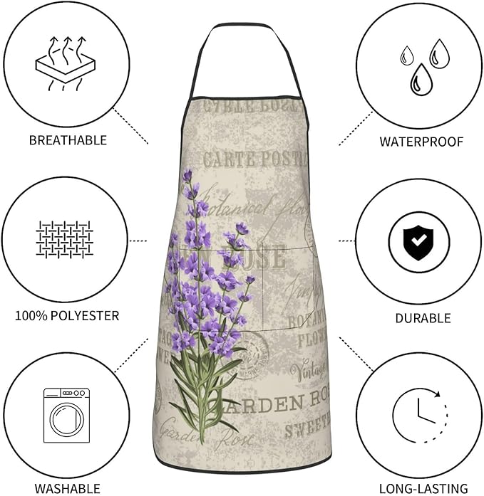 Lavender Flowers Elegant Postcard Vintage Oven Mitts and Pot Holders with Apron Set of 5 Silicone Kitchen Mitten and Non-Slip Potholders Apron Set Heat Resistant Oven Gloves Hot Pads Set