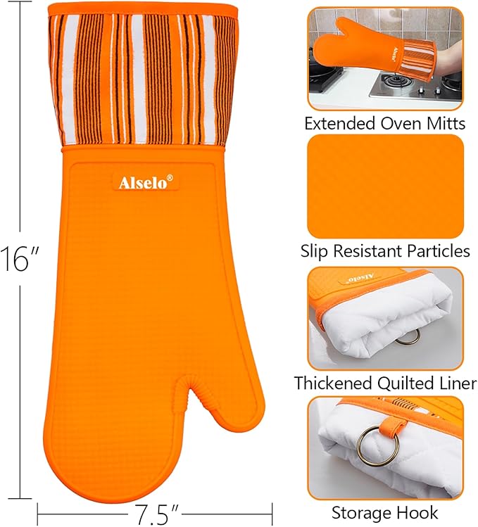 Oven Mitts Heat Resistant Silicone Kitchen Gloves for 550 Degrees with Waterproof and Non-Silp, Oven Gloves for Baking Cooking Barbecue Microwave Machine Washable (Extra Long Orange, 2)