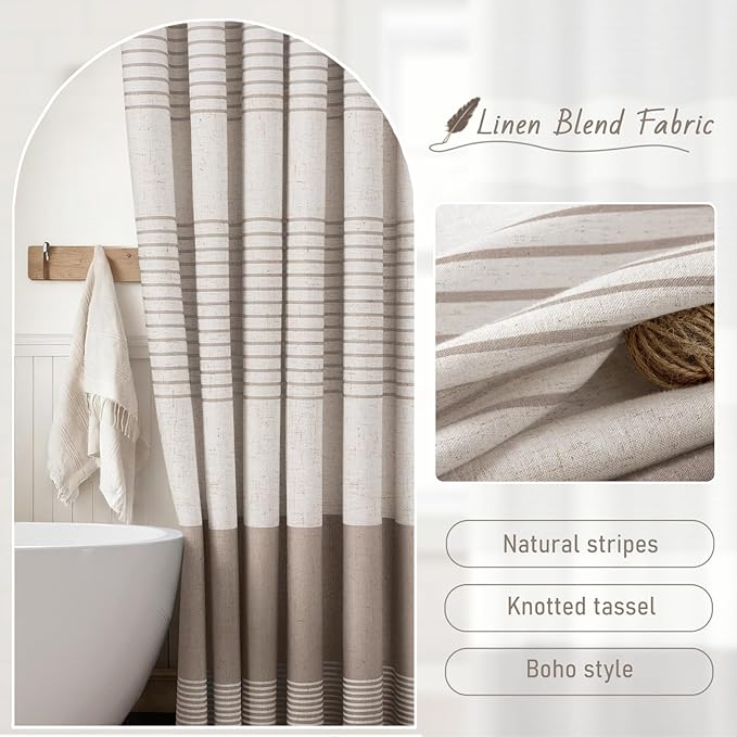 XOGUIBO Taupe Shower Curtain Farmhouse Linen Striped Shower Curtains for Bathroom with Tassel 72 X 72
