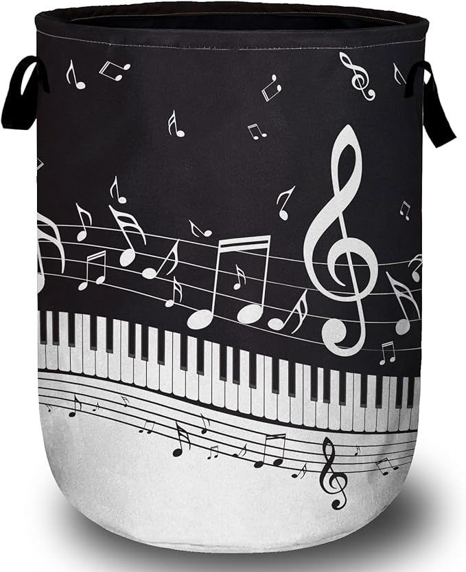 Piano Music Note Laundry Basket with Sturdy Handles, Collapsible Oxford Cloth Laundry Hamper Organizer Basket for Bathroom Bedroom 15.7x20 Inch
