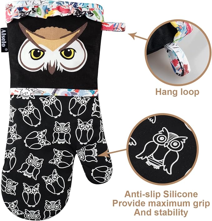 Oven Mitts, Heat Resistant with Soft Quilted Cotton Lining Set of 2, Fashion Animal Design with Silicone Printing Anti-Slip Kitchen Gloves for Safe Backing Cooking Barbecue（Black 2）