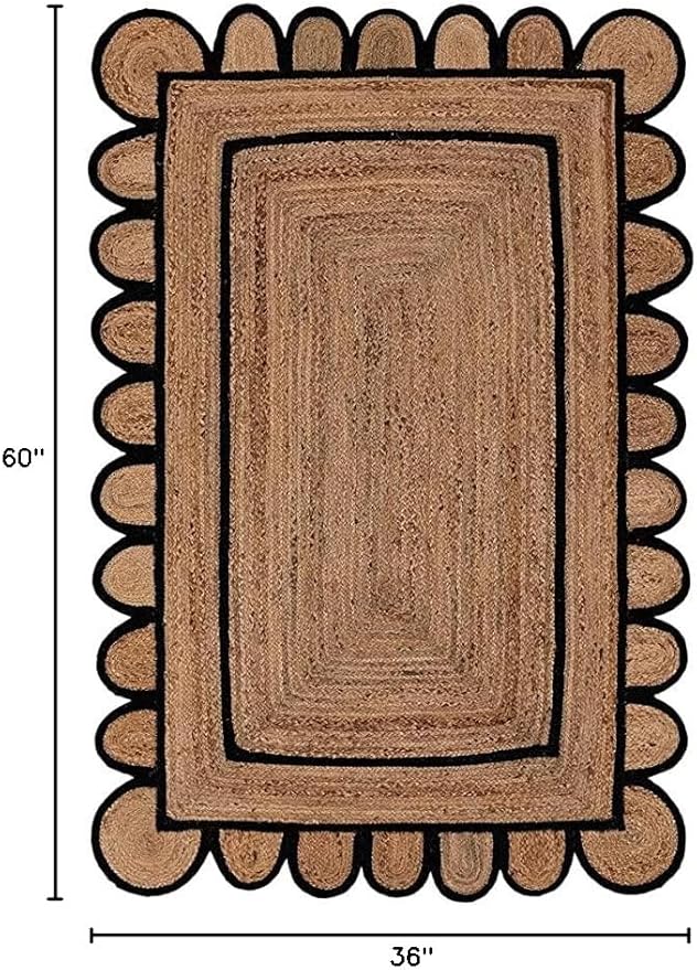 SVI Rug Scallop Pattern Jute Bohemian Area Rug (Black, 3'x5')