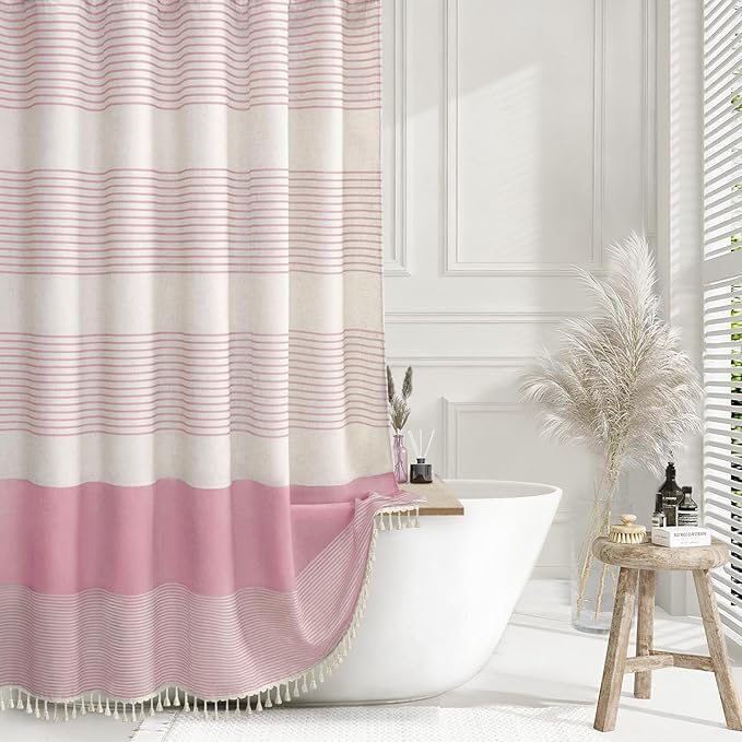 XOGUIBO Pink Shower Curtain Boho Linen Striped Shower Curtains for Bathroom with Tassel 72 X 72