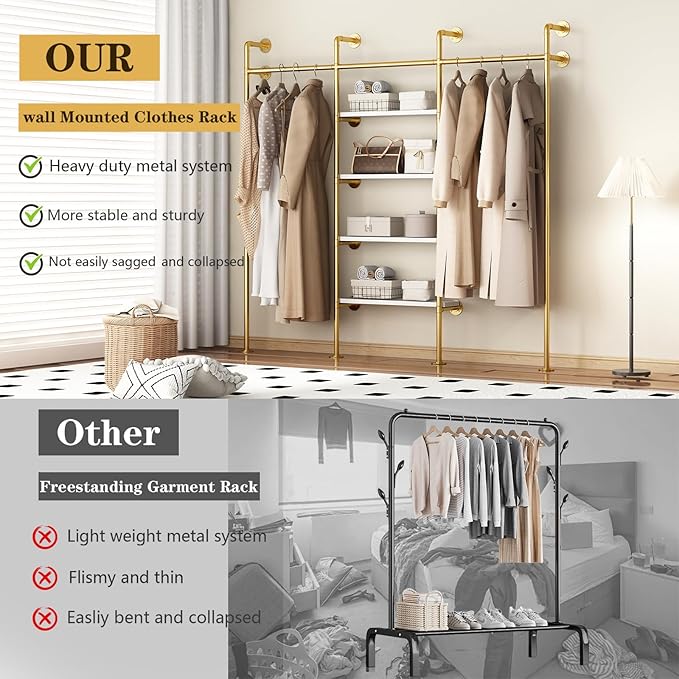 KAILNKISS Industrial Pipe Clothing Rack, Wall Mounted Clothes Rack Gold Clothing Rack with Shelves Clothes Hanging Shelf-94.5''L Gold