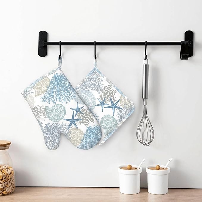 Nautical Coastal Oven Mitts and Pot Holders Set, 4pcs Silicone Starfish Seashell Coral Beach Themed Oven Glove for Kitchen Heat Resistant Oven Mitts and Non-Slip Potholders Blue White