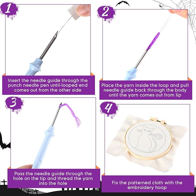 Yaomiao 6 Pcs Halloween Punch Needle Coaster Kit Punch Needle Embroidery Kits Craft Supplies with Patterns Yarns Tools Adhesive Felt Embroidery Hoop Instruction Holder for Adult DIY