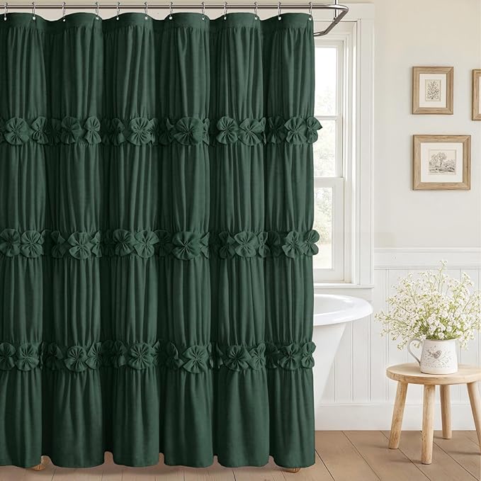 XOGUIBO Ruffle Shower Curtain with Handmade Bow Tie, Dark Green Linen Vintage Farmhouse Shower Curtain for Bathroom, 72" W x 72" H