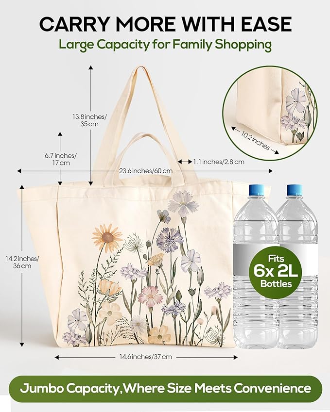 Miss Adola Large Canvas Grocery Tote Bag - Reusable Extra Large Shopping Shoulder Bags with 6 Inner Pockets & 2 Handle Strap